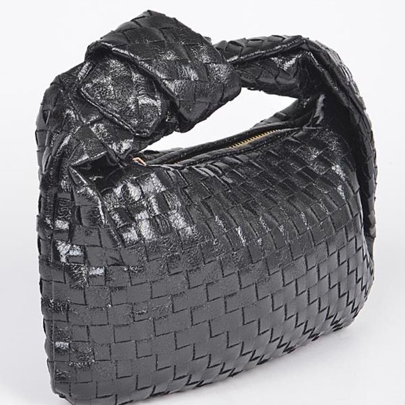 BNWT Brand New Weaved Metallic Small Soft Knotted Top Handle Bag- BLACK - Picture 2 of 5